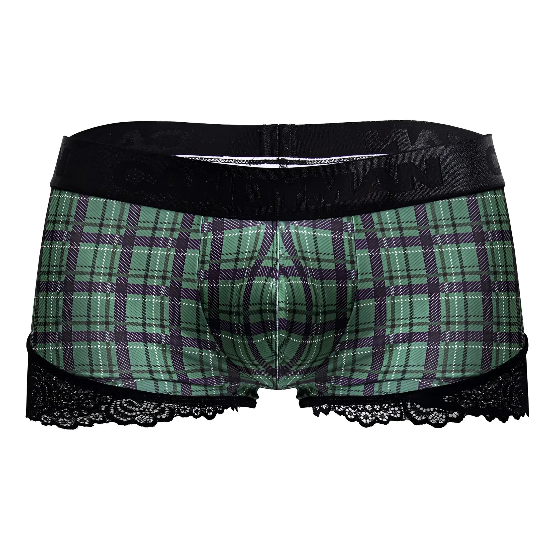 Green and purple plaid boxer briefs with black lace trim and branded elastic waistband candyMan 99821 trunks