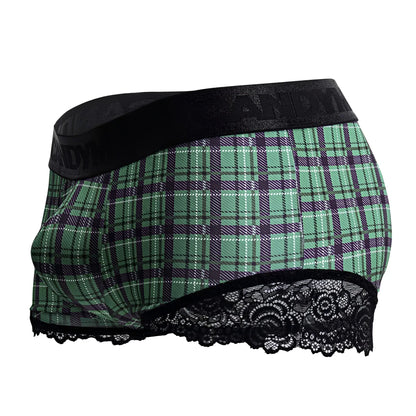 Green and purple plaid men’s trunks with black lace trim and branded elastic waistband candy man 99821 back to school