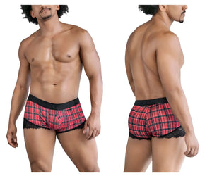 Red and black plaid cotton boxer briefs with lace trim from candyman 99821 back to school trunks collection