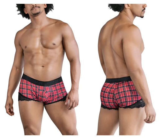 Red and black plaid cotton boxer briefs with lace trim from candyman 99821 back to school trunks collection