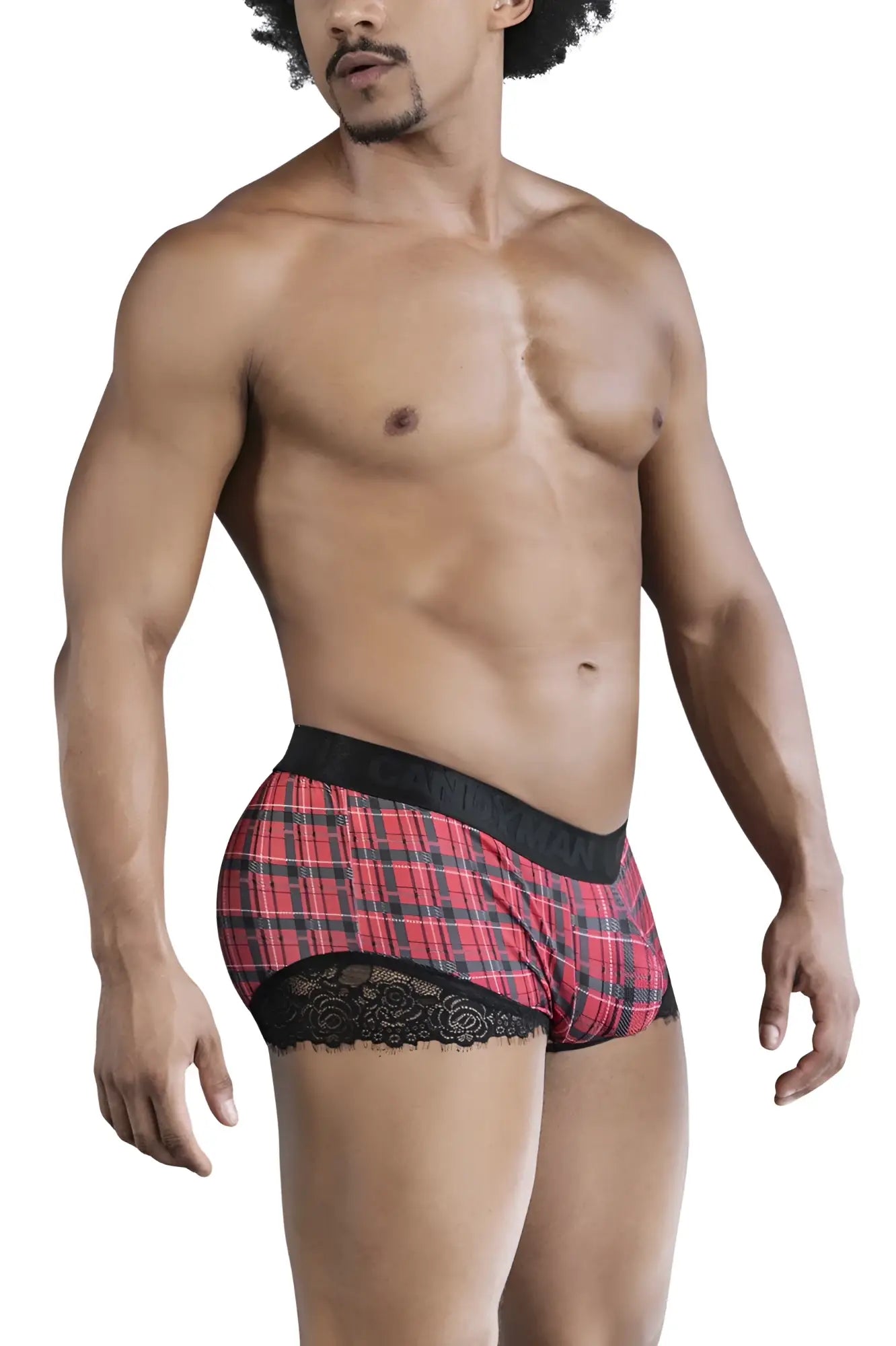 Red and black plaid boxer briefs with lace trim candy man 99821 back to school trunks color red plaid