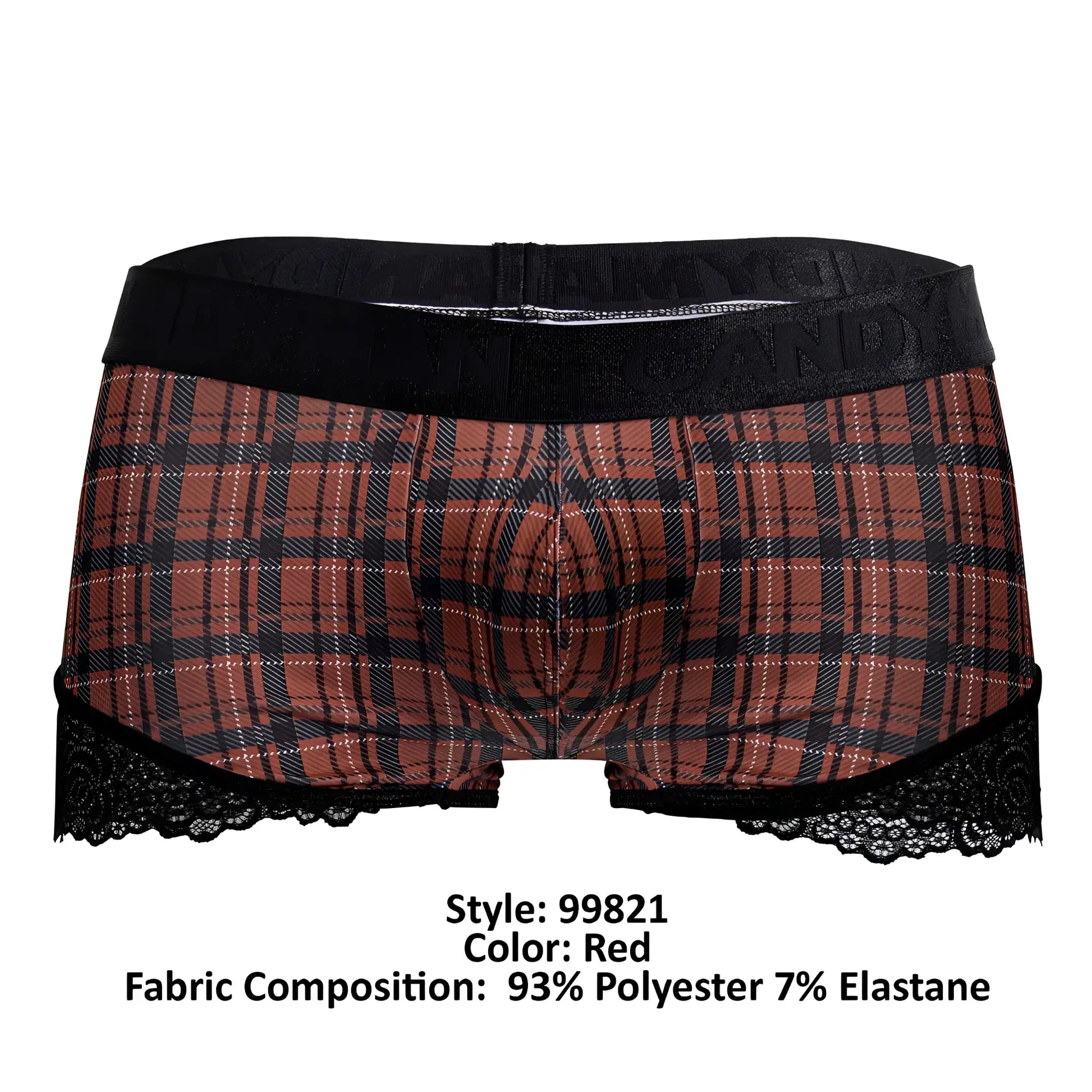 CandyMan 99821 back to school red plaid boxer briefs with black lace trim and black elastic waistband