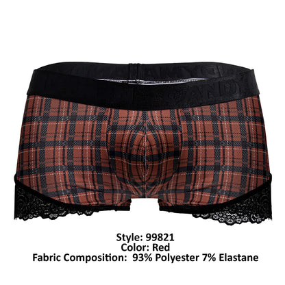 CandyMan 99821 back to school red plaid boxer briefs with black lace trim and black elastic waistband