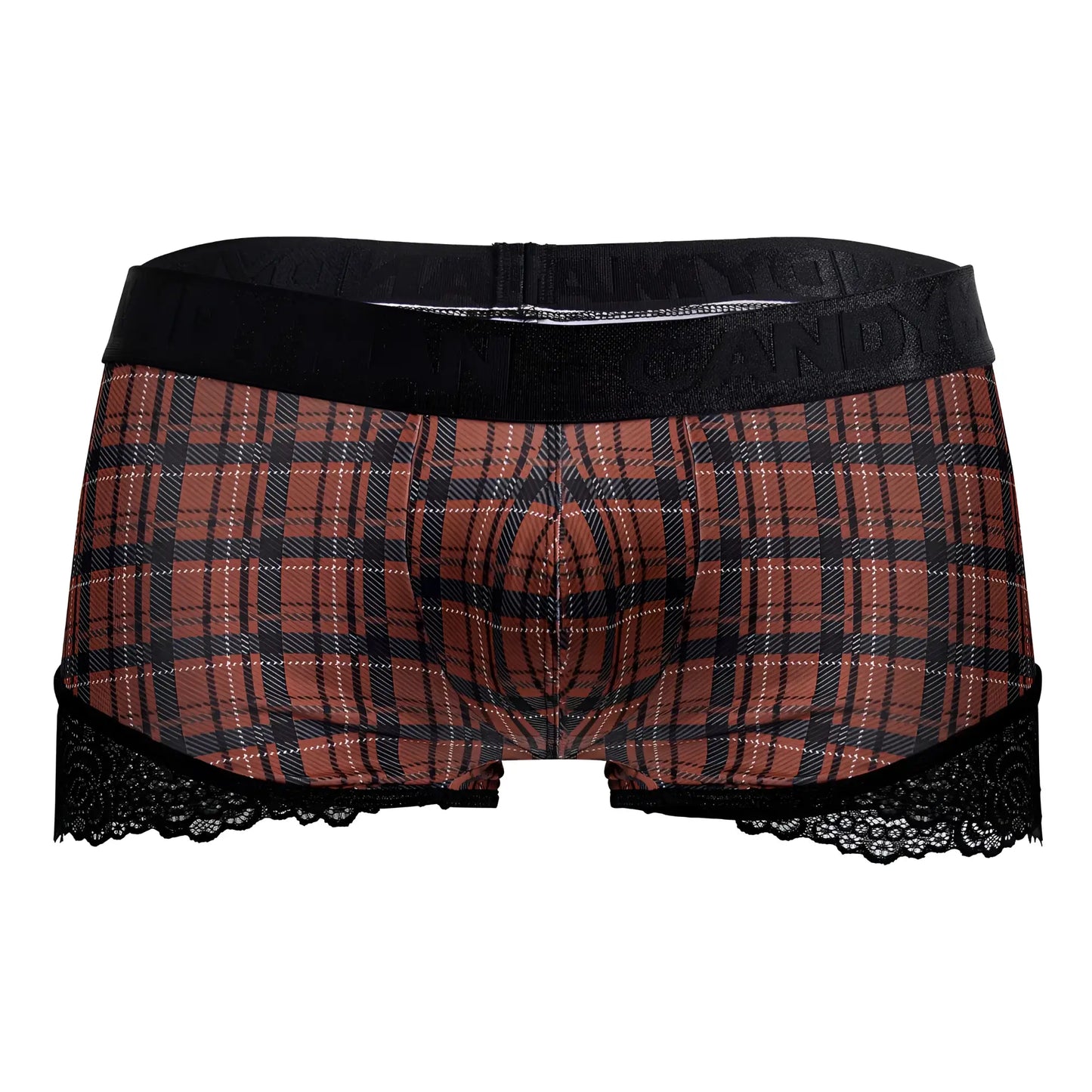 Brown and black plaid boxer briefs with lace trim from candyman 99821 back to school trunks color red plaid collection
