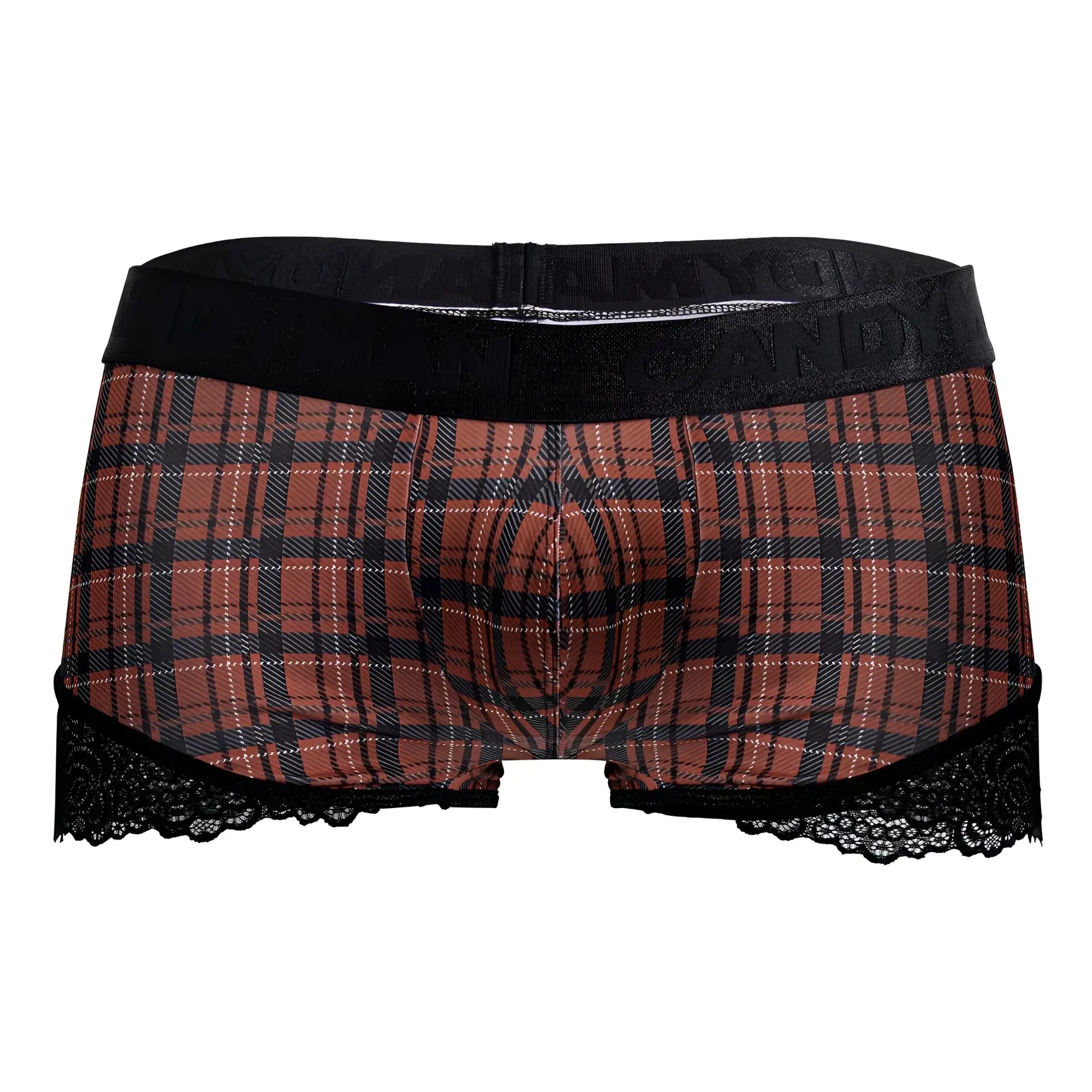 Brown and black plaid boxer briefs with lace trim from candyman 99821 back to school trunks color red plaid collection