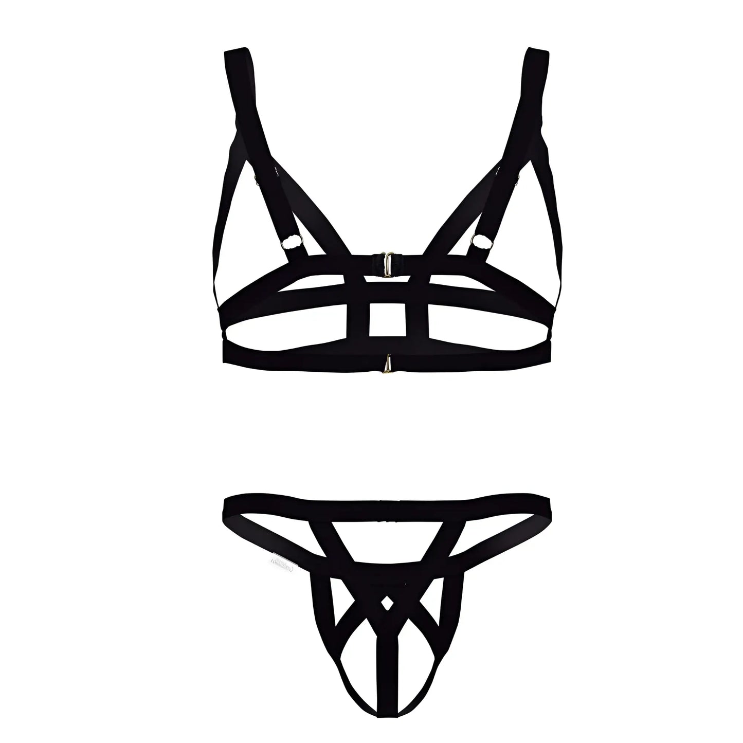 Black strappy harness-style lingerie set with metallic hardware in candyMan 99822 two piece outfit