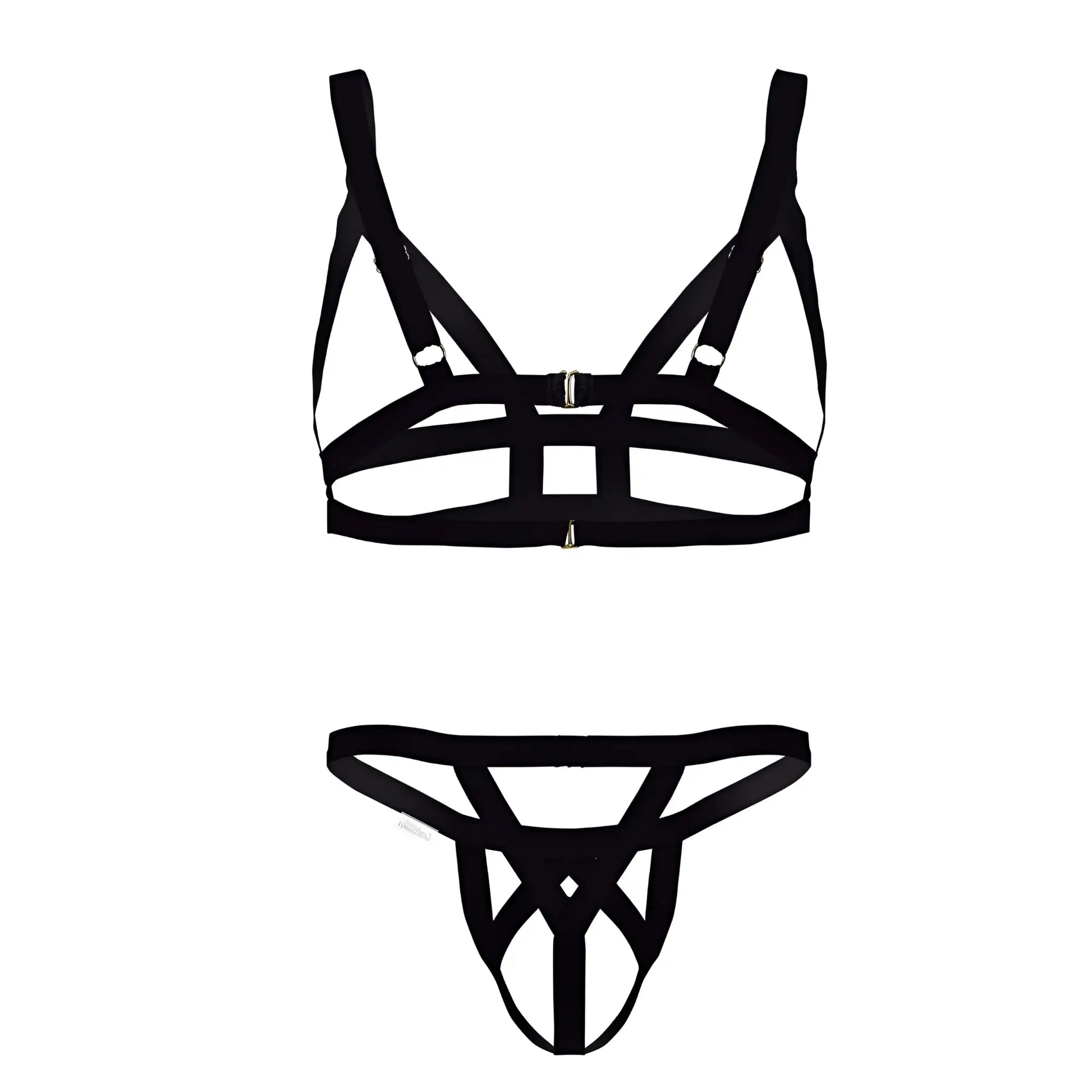 Black strappy harness-style lingerie set with metallic hardware in candyMan 99822 two piece outfit
