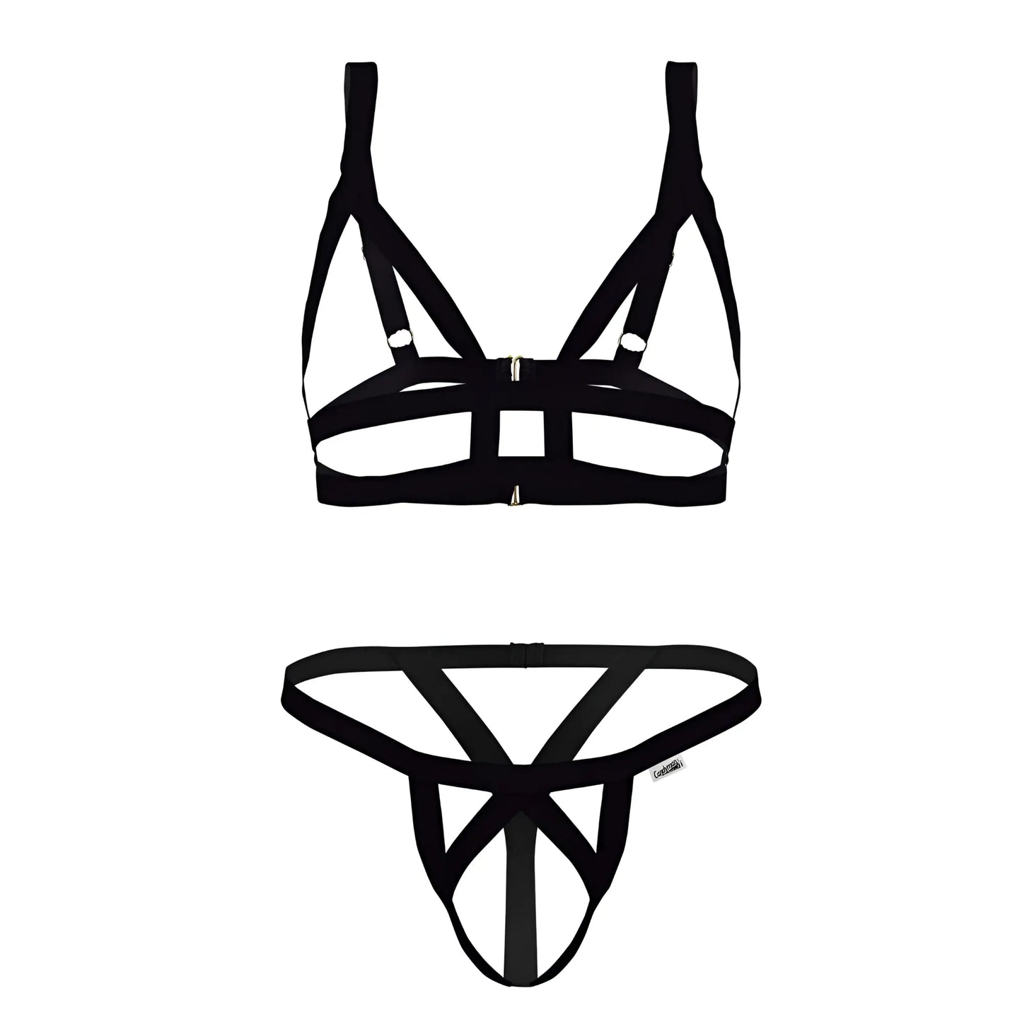 Black strappy lingerie set candyMan 99822 featuring a geometric cage-like design in two-piece outfit style