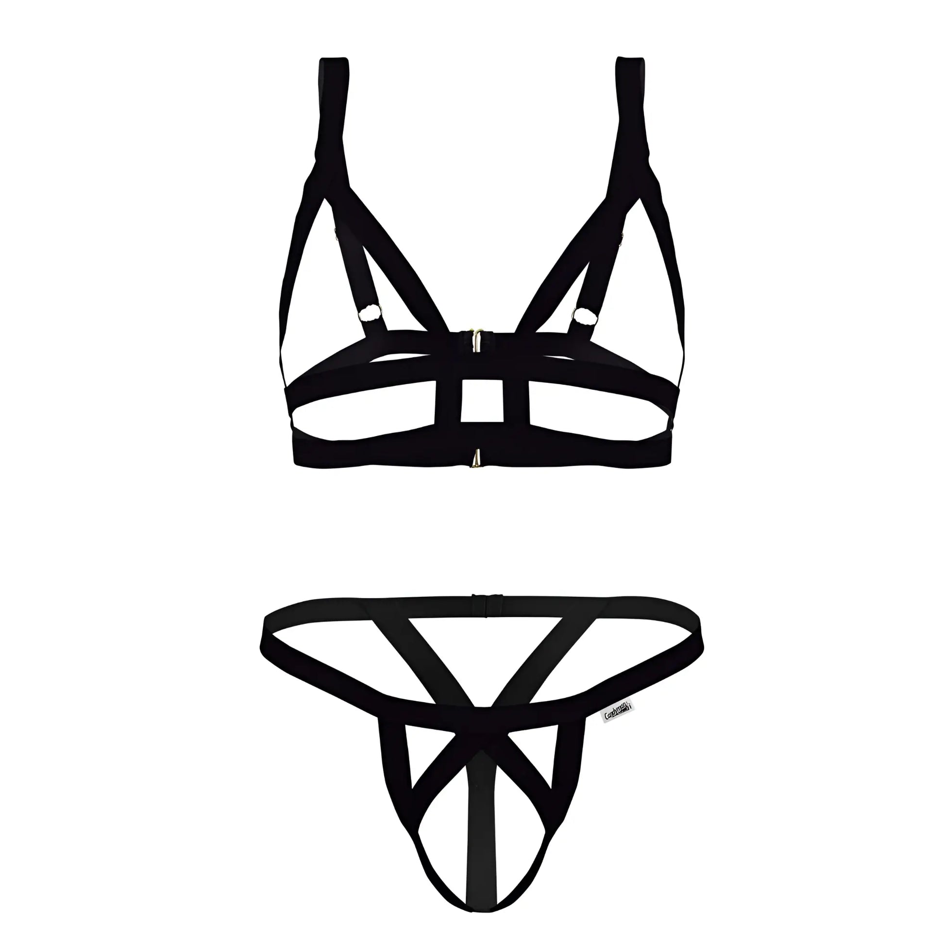 Black strappy lingerie set candyMan 99822 featuring a geometric cage-like design in two-piece outfit style
