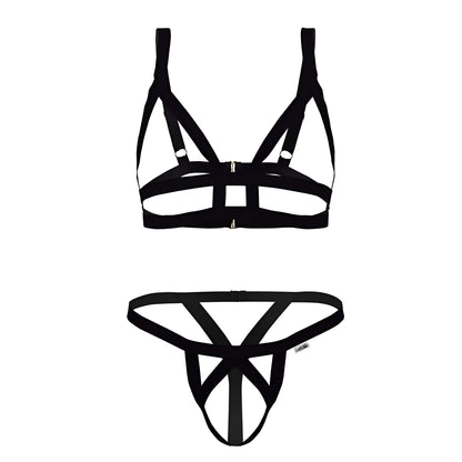 Black strappy lingerie set candyMan 99822 featuring a geometric cage-like design in two-piece outfit style