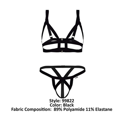 Black strappy lingerie set candyMan 99822 with geometric crisscross design in a two piece outfit