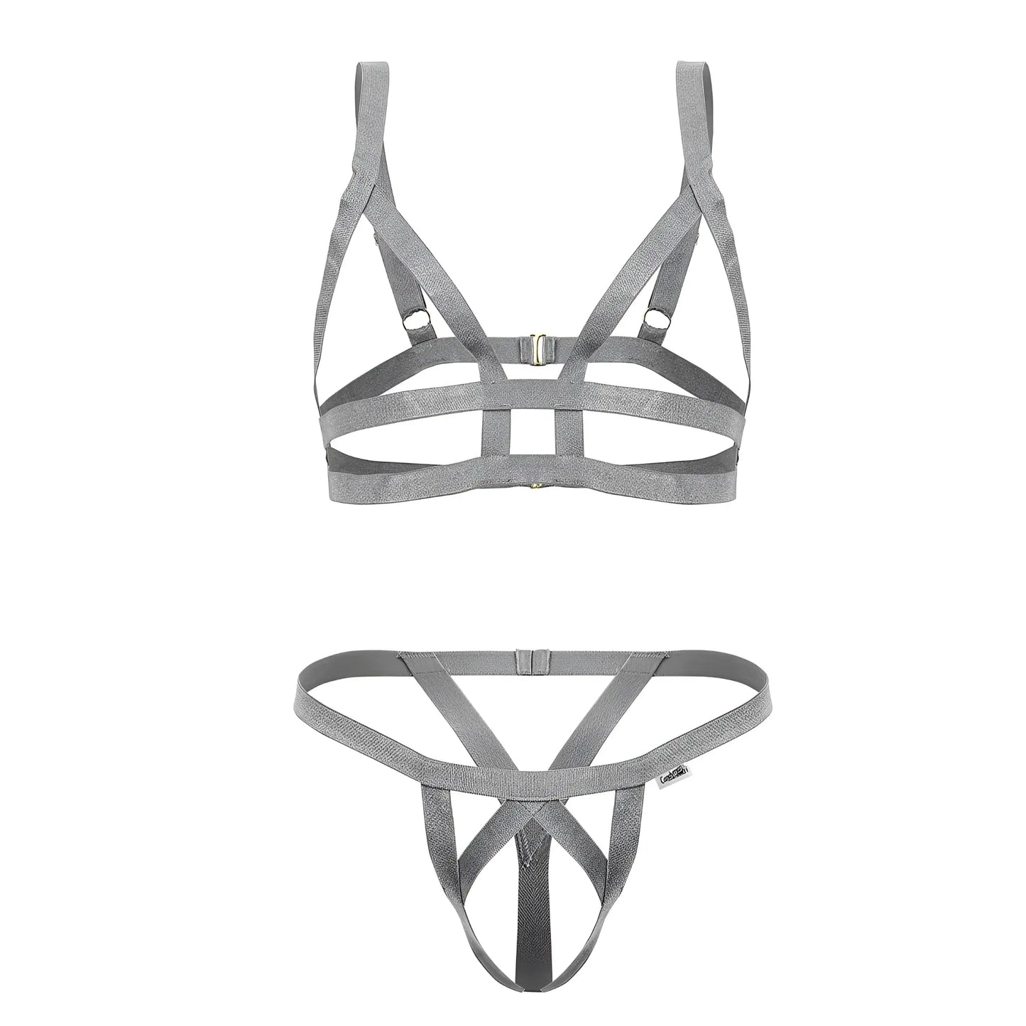 Gray shimmering fabric harness set with metallic buckle and adjustable straps from candyman 99822 two piece outfit