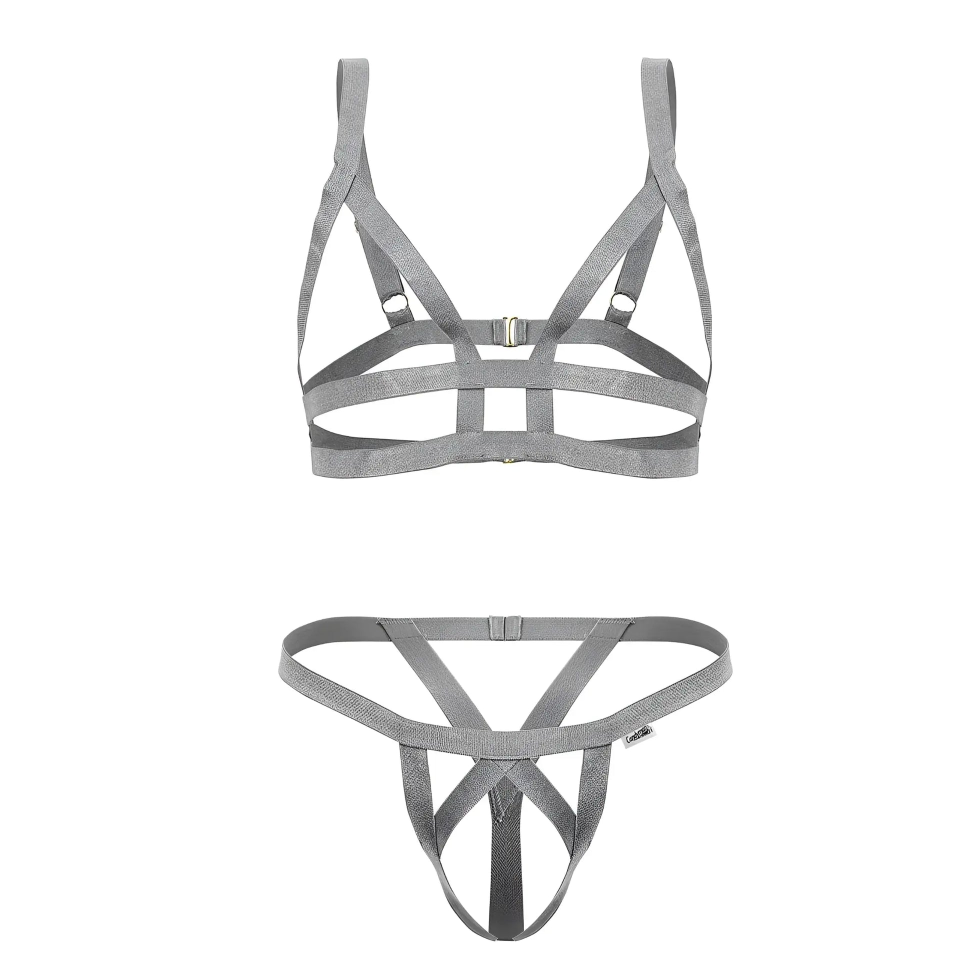 Gray shimmering fabric harness set with metallic buckle and adjustable straps from candyman 99822 two piece outfit