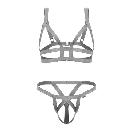Gray shimmering fabric harness set with metallic buckle and adjustable straps from candyman 99822 two piece outfit