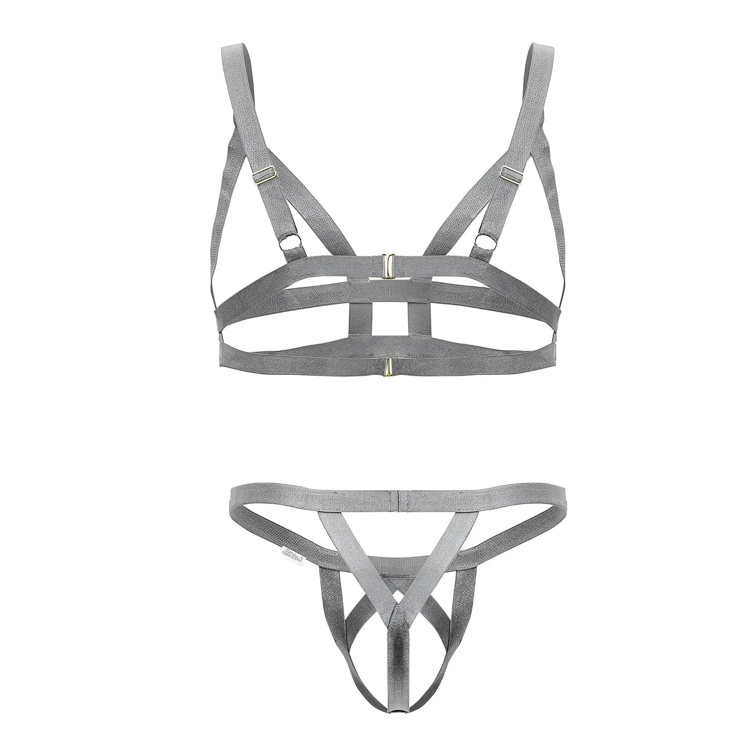 Gray fabric harness-style lingerie set by candyman 99822 with adjustable straps and metallic hardware