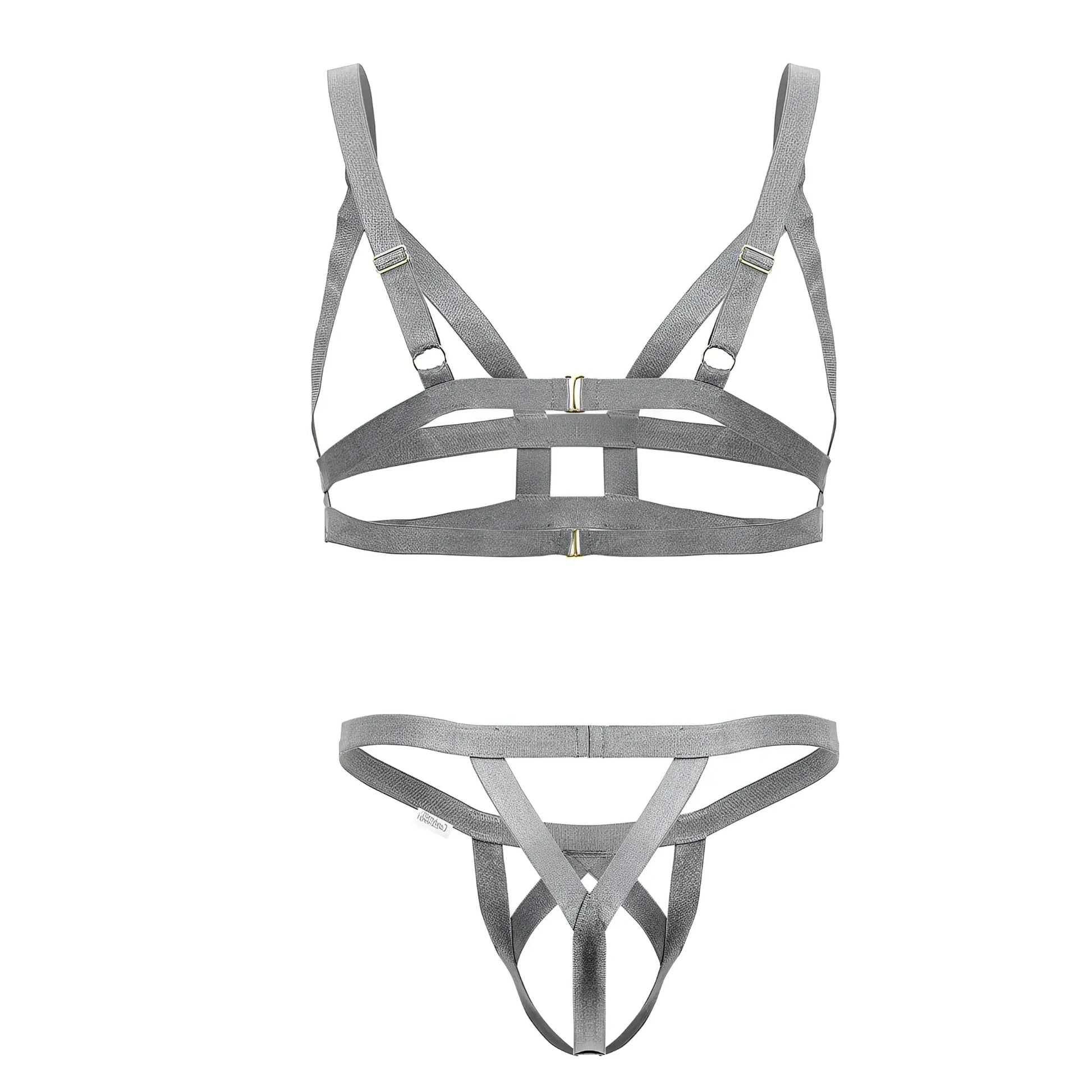 Gray fabric harness-style lingerie set by candyman 99822 with adjustable straps and metallic hardware