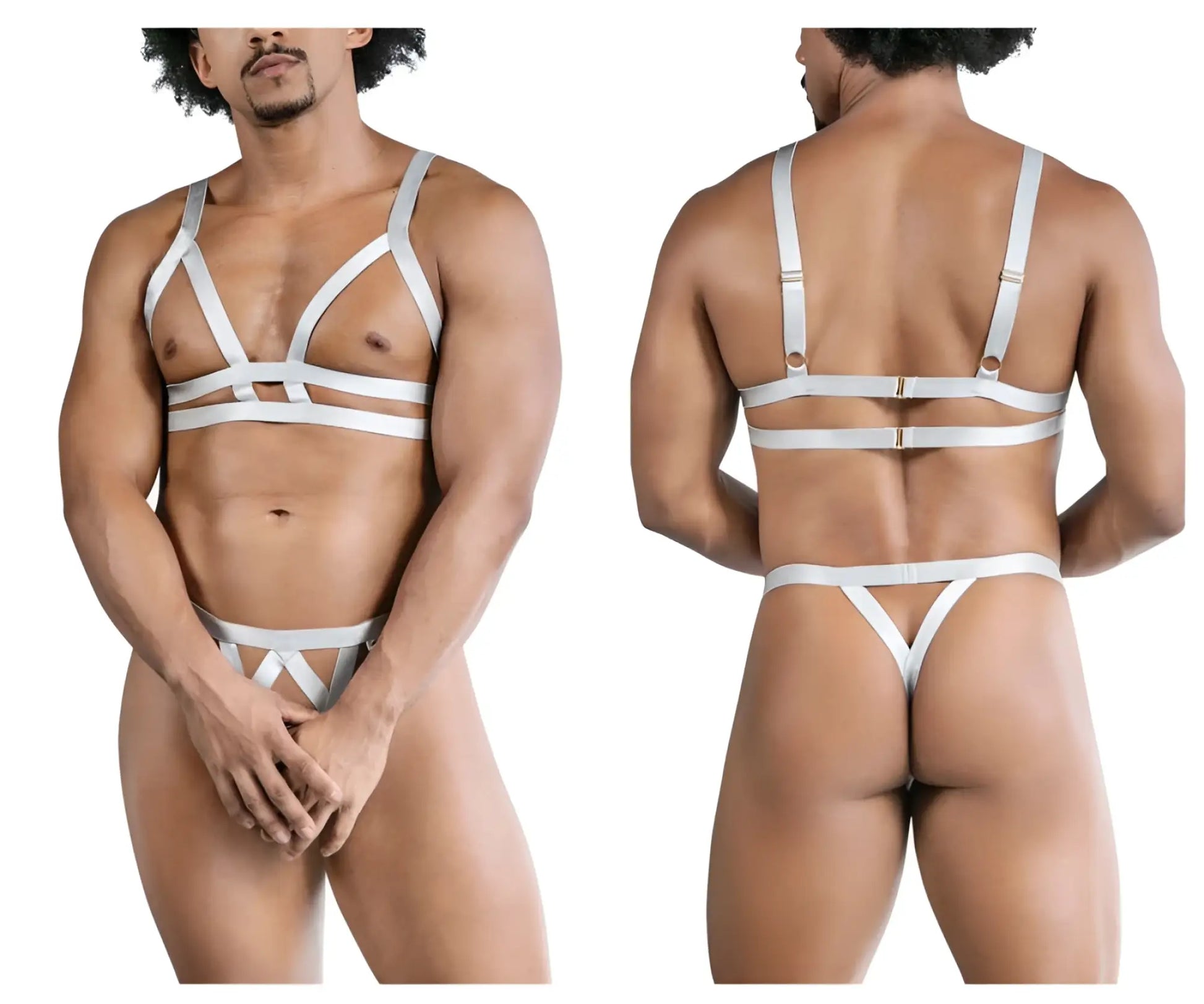 White satin harness-style lingerie set in gray with adjustable straps and minimalist design by candyman 99822 two piece outfit