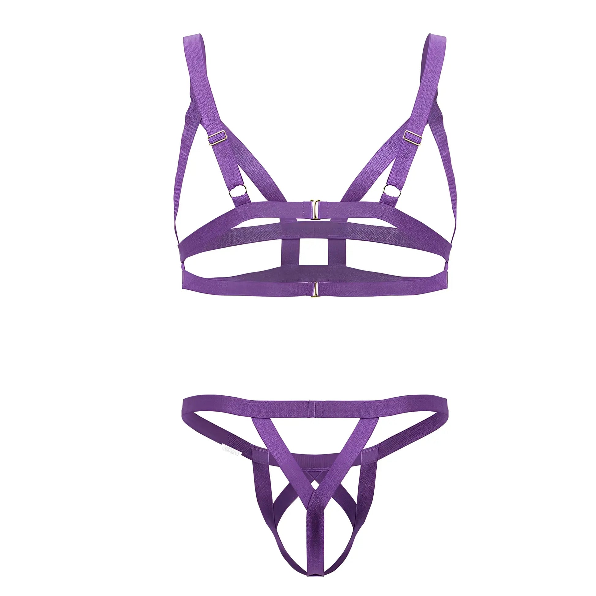 Purple fabric harness-style lingerie set candy man 99822 with adjustable straps and metallic clasps in violet