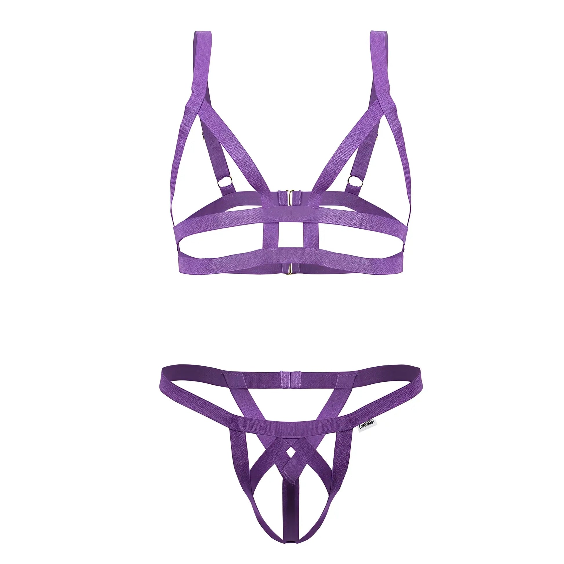 Purple candyMan 99822 two piece harness-style lingerie set made of elastic fabric with crisscross design