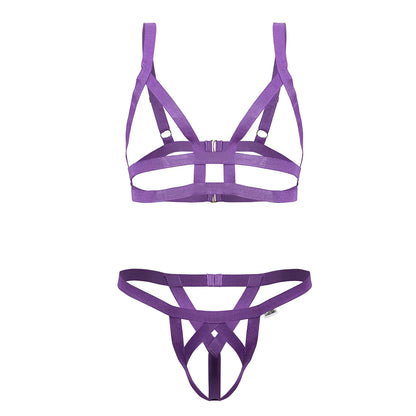 Purple candyMan 99822 two piece harness-style lingerie set made of elastic fabric with crisscross design