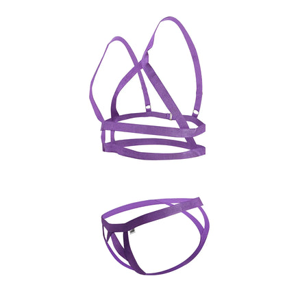 Purple satin harness set with adjustable straps and metallic clasps in candy man 99822 two piece outfit color violet