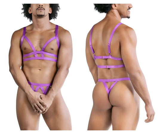 Purple strappy harness-style lingerie two piece outfit by candyman in violet with mesh and adjustable straps