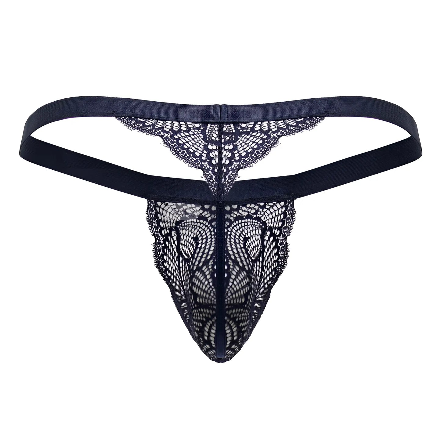 Black lace thong candyMan 99823 with intricate butterfly-patterned mesh and solid elastic waistband in blue