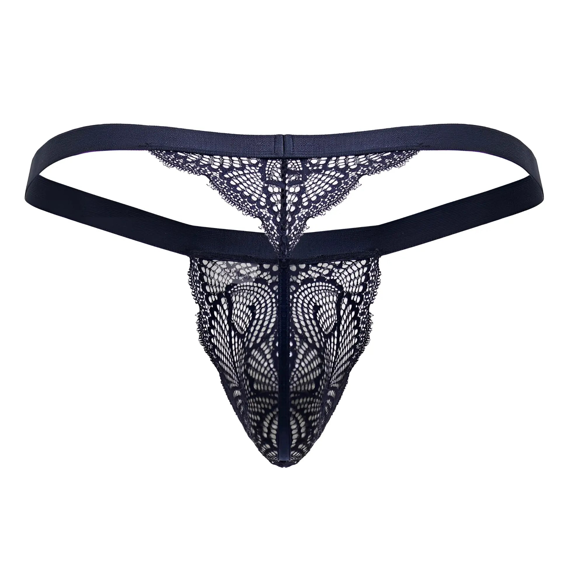 Black lace thong candyMan 99823 with intricate butterfly-patterned mesh and solid elastic waistband in blue