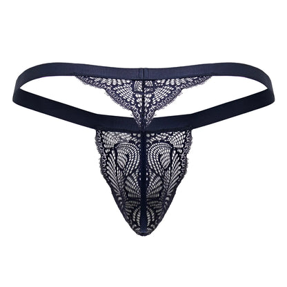 Black lace thong candyMan 99823 with intricate butterfly-patterned mesh and solid elastic waistband in blue