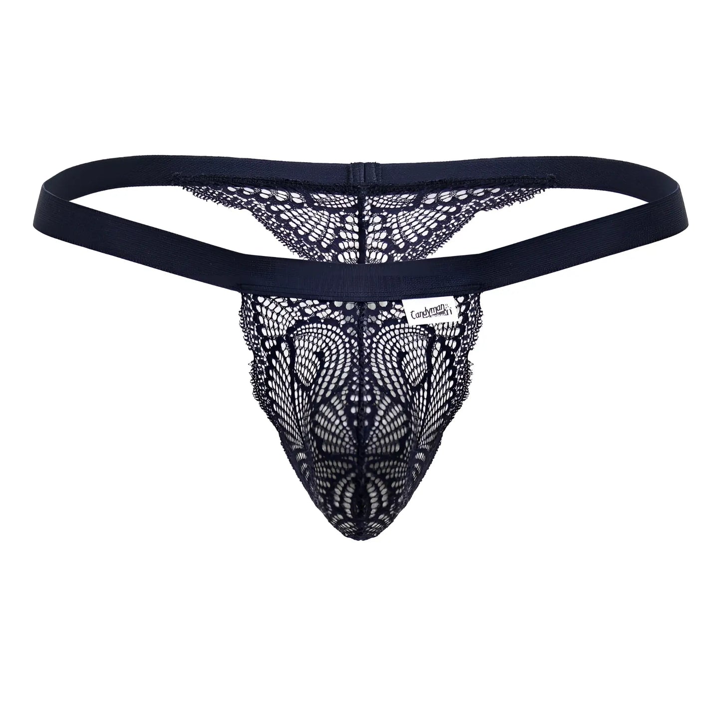 Candyman 99823 blue lace thong with solid elastic waistband and intricate black lace pattern shown from the back