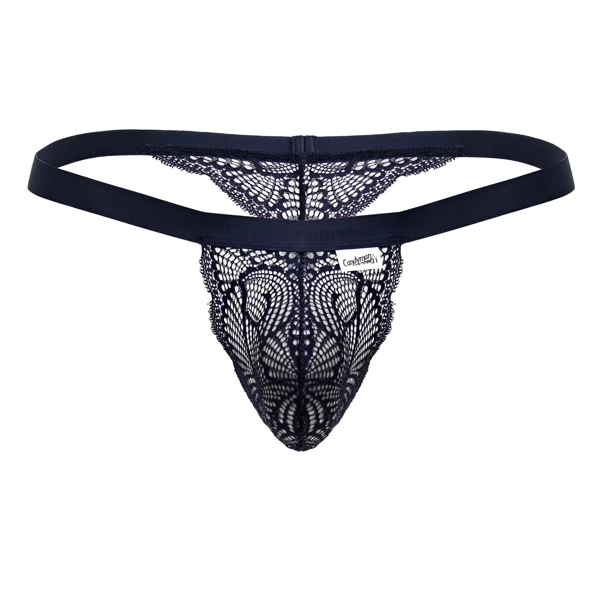 Candyman 99823 blue lace thong with solid elastic waistband and intricate black lace pattern shown from the back