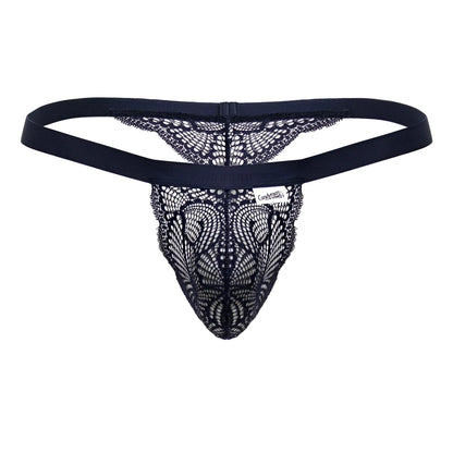 Candyman 99823 blue lace thong with solid elastic waistband and intricate black lace pattern shown from the back