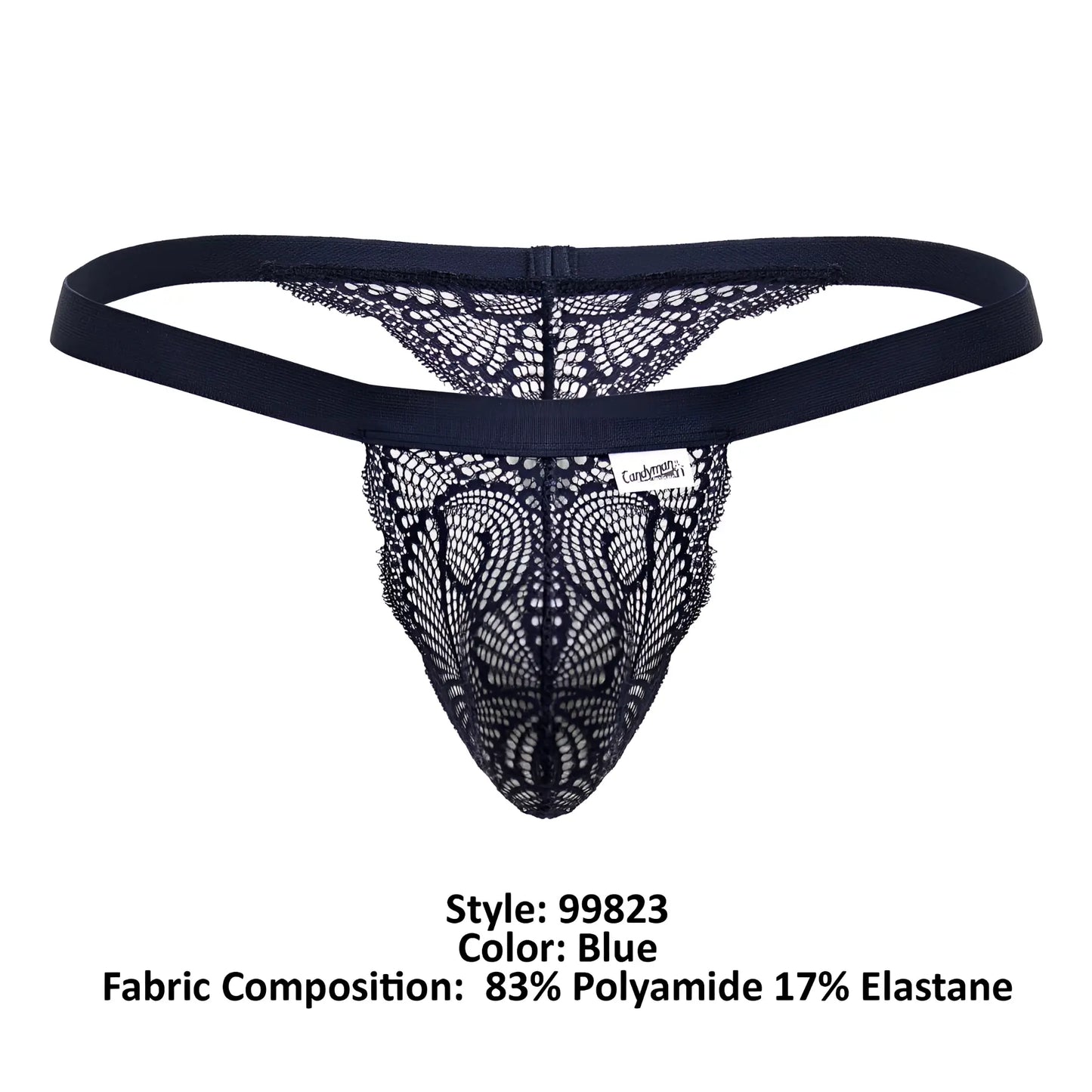 Black lace thong candyMan 99823 in blue with solid elastic waistband and intricate lace pattern