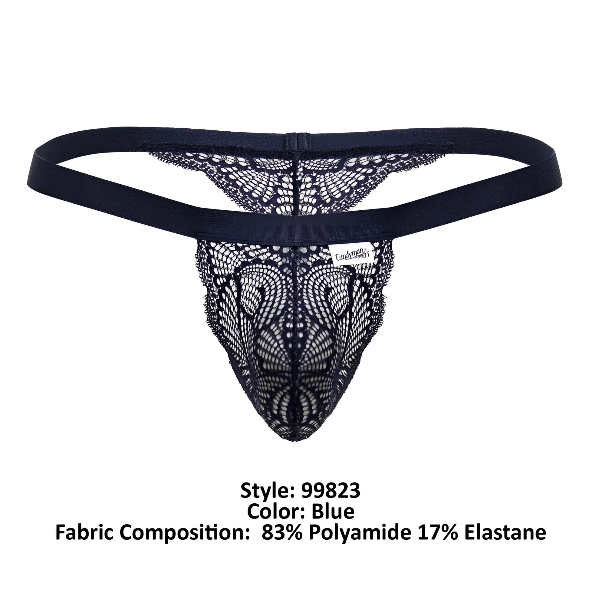 Black lace thong candyMan 99823 in blue with solid elastic waistband and intricate lace pattern