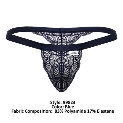 Black lace thong candyMan 99823 in blue with solid elastic waistband and intricate lace pattern