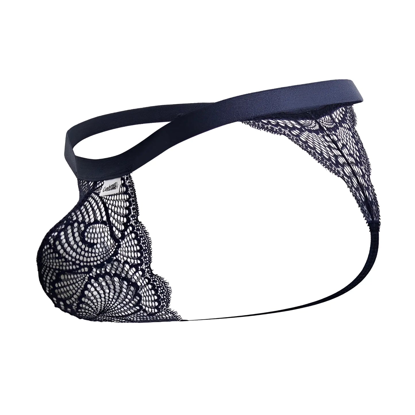 Black lace thong with solid fabric waistband in blue from candyman 99823 shown from the back side
