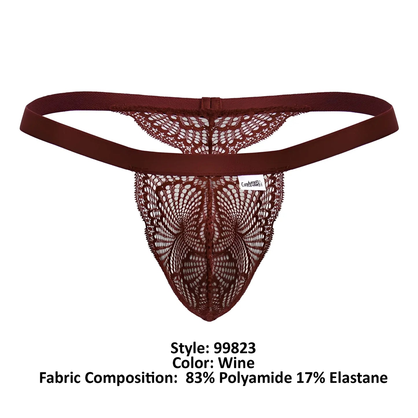 Wine-colored lace thong candyman 99823 featuring delicate intricate pattern and elastic waistband front view
