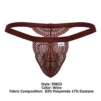 Wine-colored lace thong candyman 99823 featuring delicate intricate pattern and elastic waistband front view
