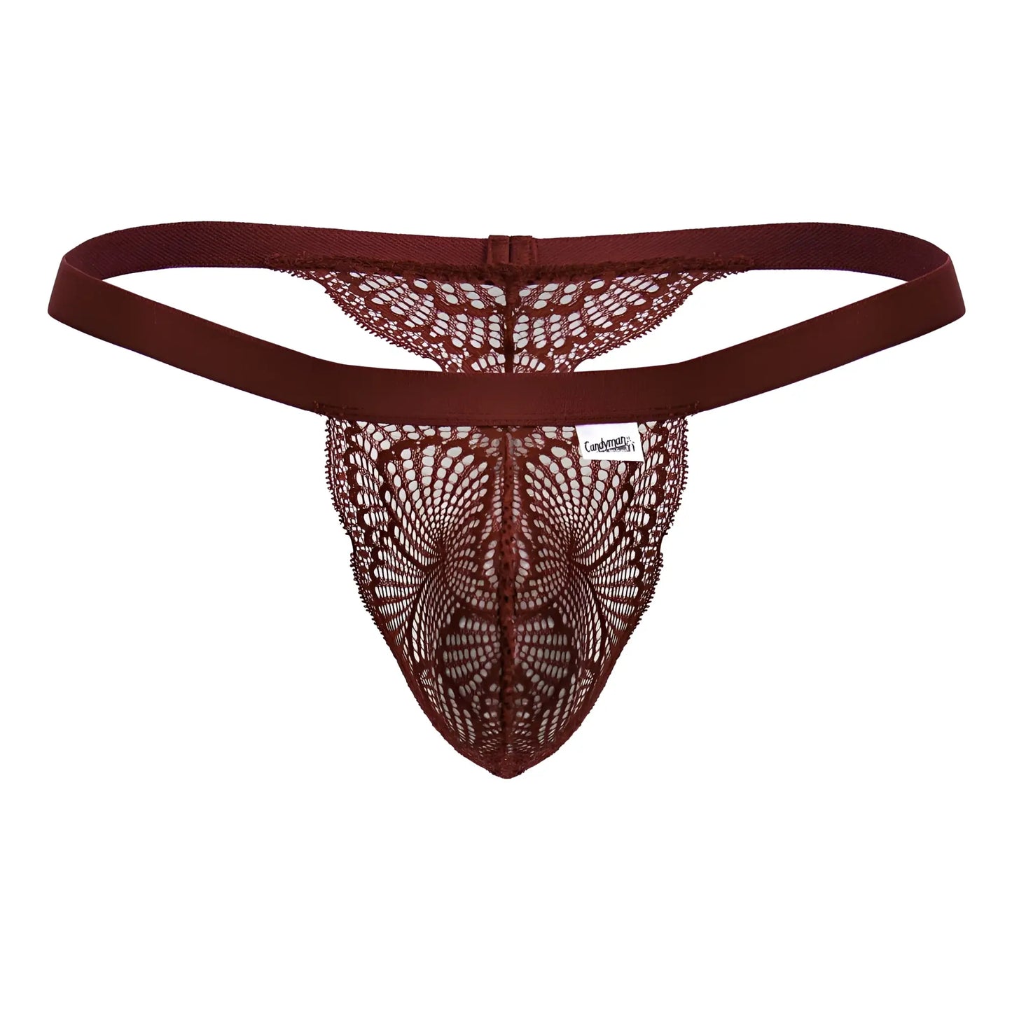 Maroon lace thong with butterfly pattern and elastic waistband from candyman 99823 lace thongs color wine