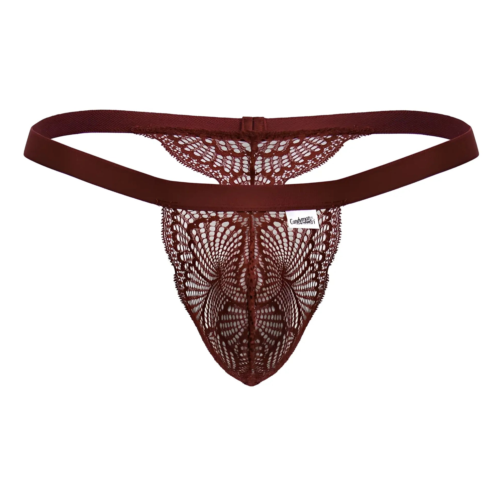 Maroon lace thong with butterfly pattern and elastic waistband from candyman 99823 lace thongs color wine