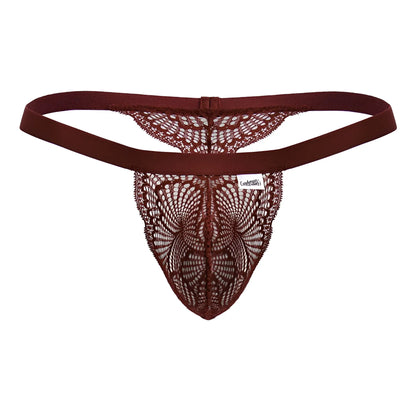 Maroon lace thong with butterfly pattern and elastic waistband from candyman 99823 lace thongs color wine