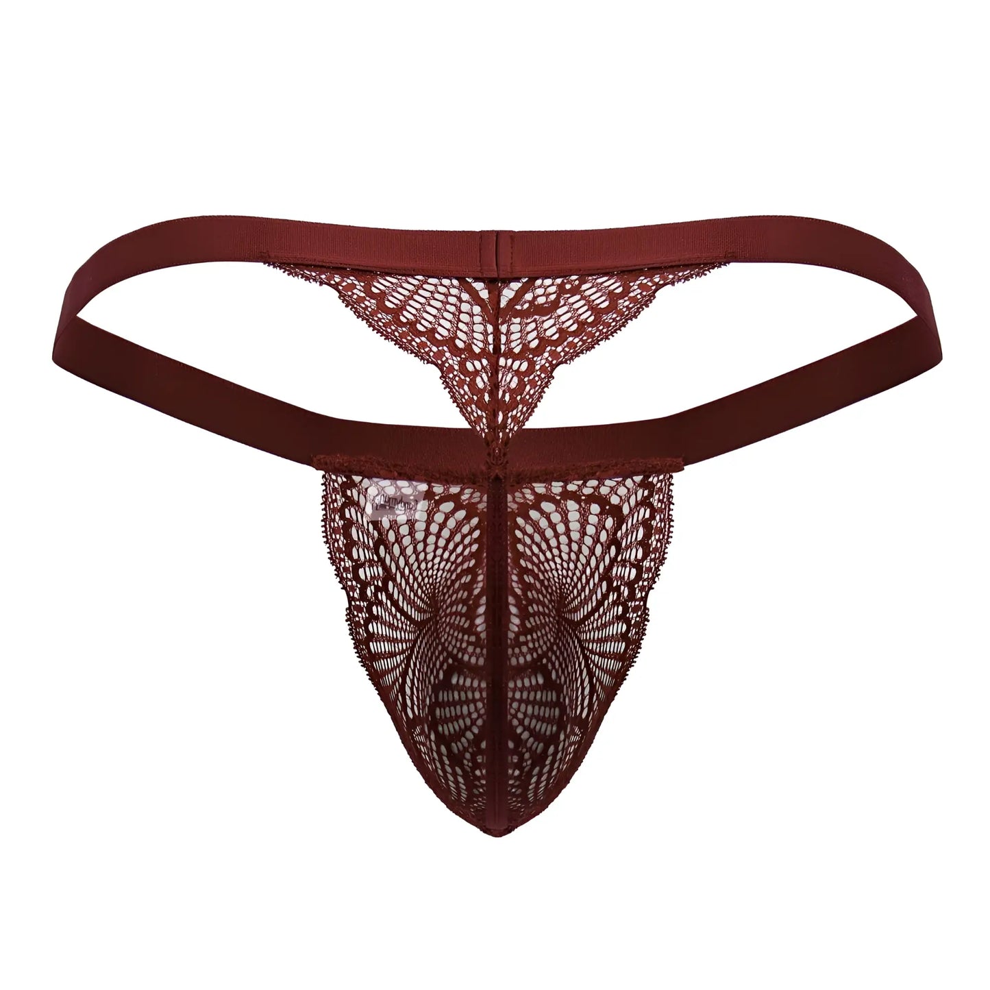A maroon lace thong candyMan 99823 with intricate pattern and elastic waistband in wine color shown from the back