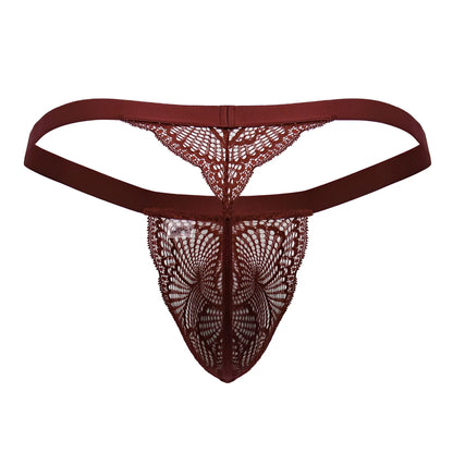 A maroon lace thong candyMan 99823 with intricate pattern and elastic waistband in wine color shown from the back