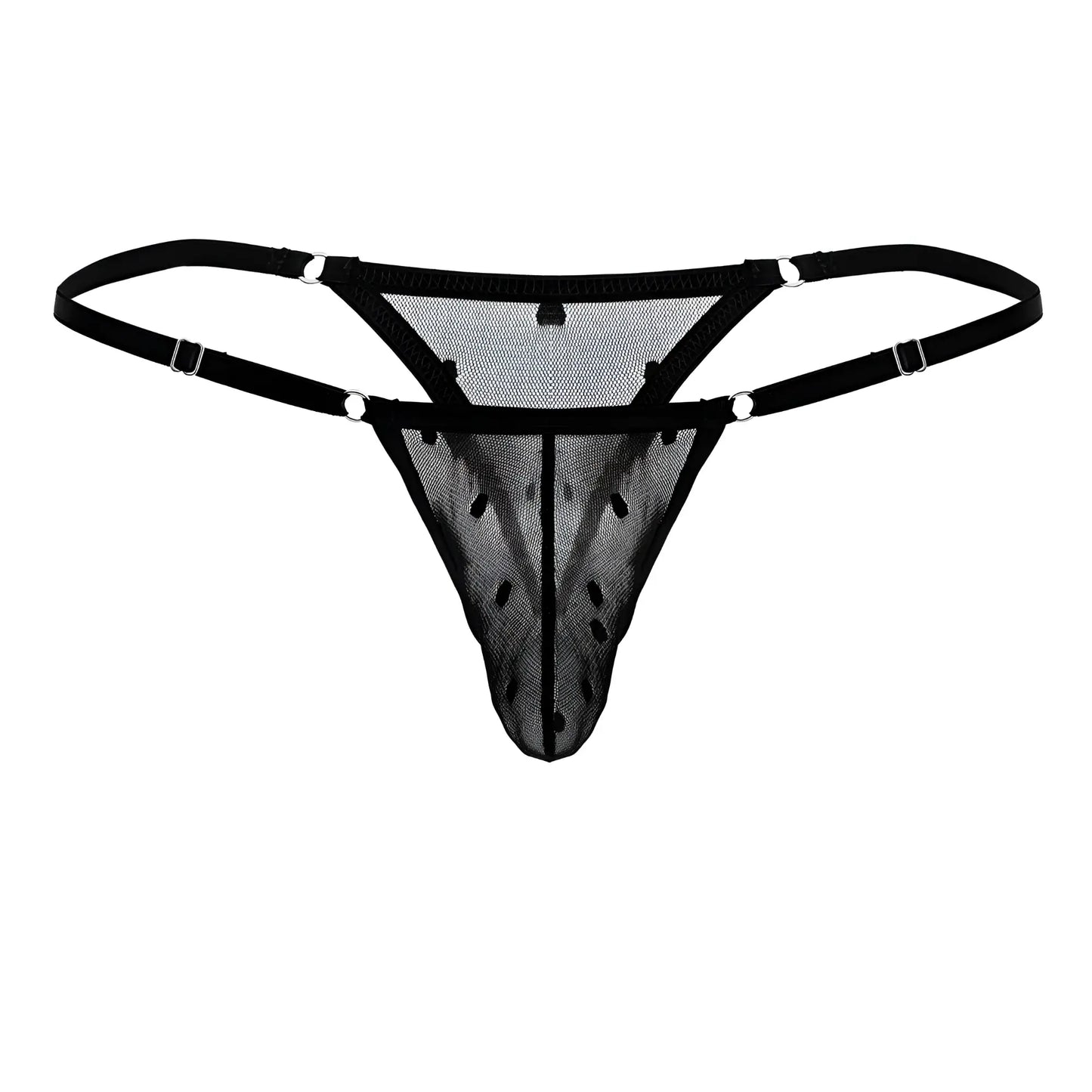 Black mesh thong candy man 99824 with adjustable straps and silver toned clasps front view
