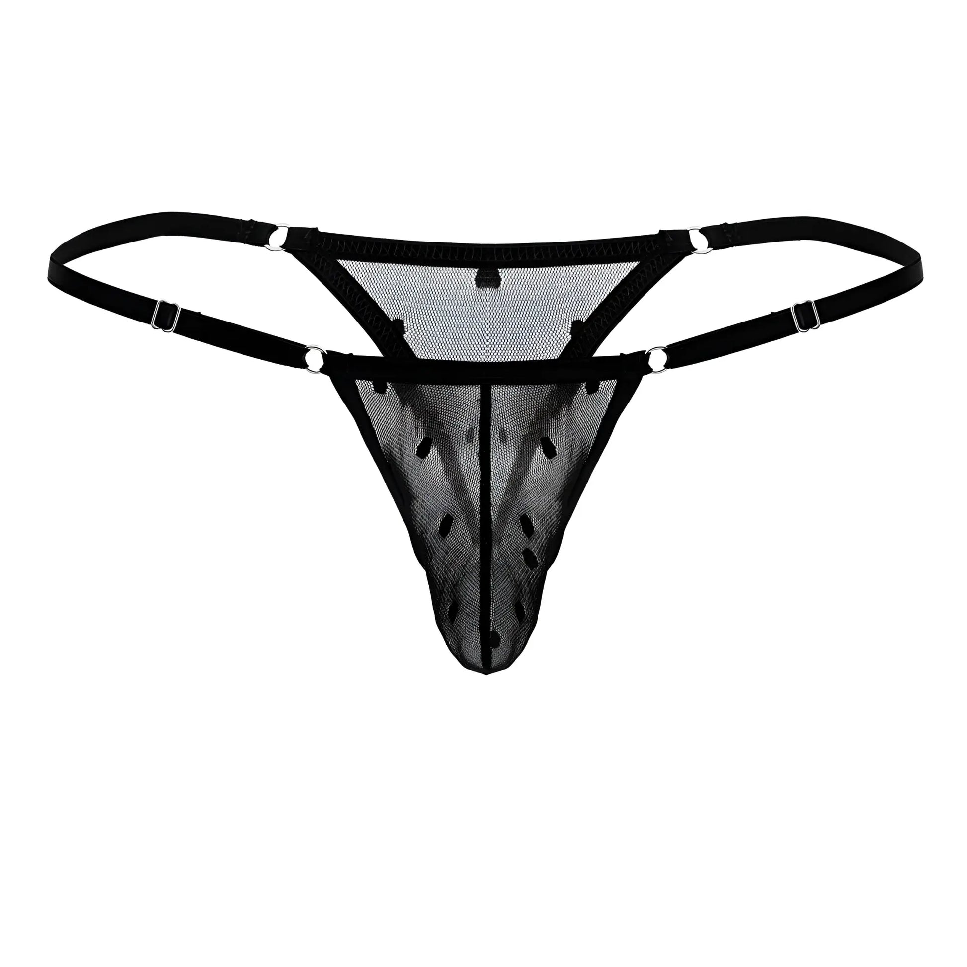 Black mesh thong candy man 99824 with adjustable straps and silver toned clasps front view
