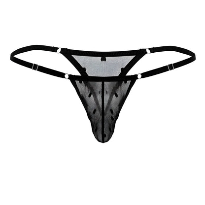 Black mesh thong candy man 99824 with adjustable straps and silver toned clasps front view