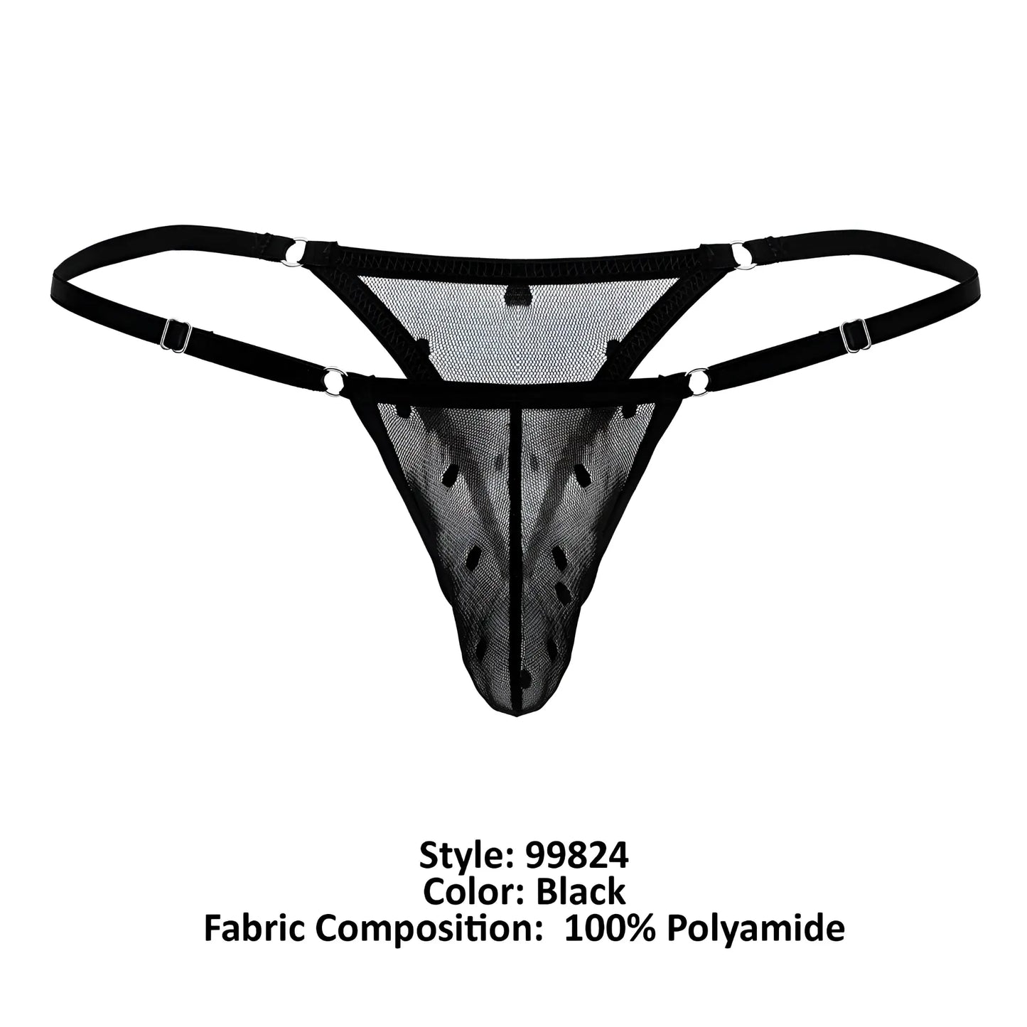 Black mesh thong candyMan 99824 with adjustable straps and silver-toned metal clasps in black color