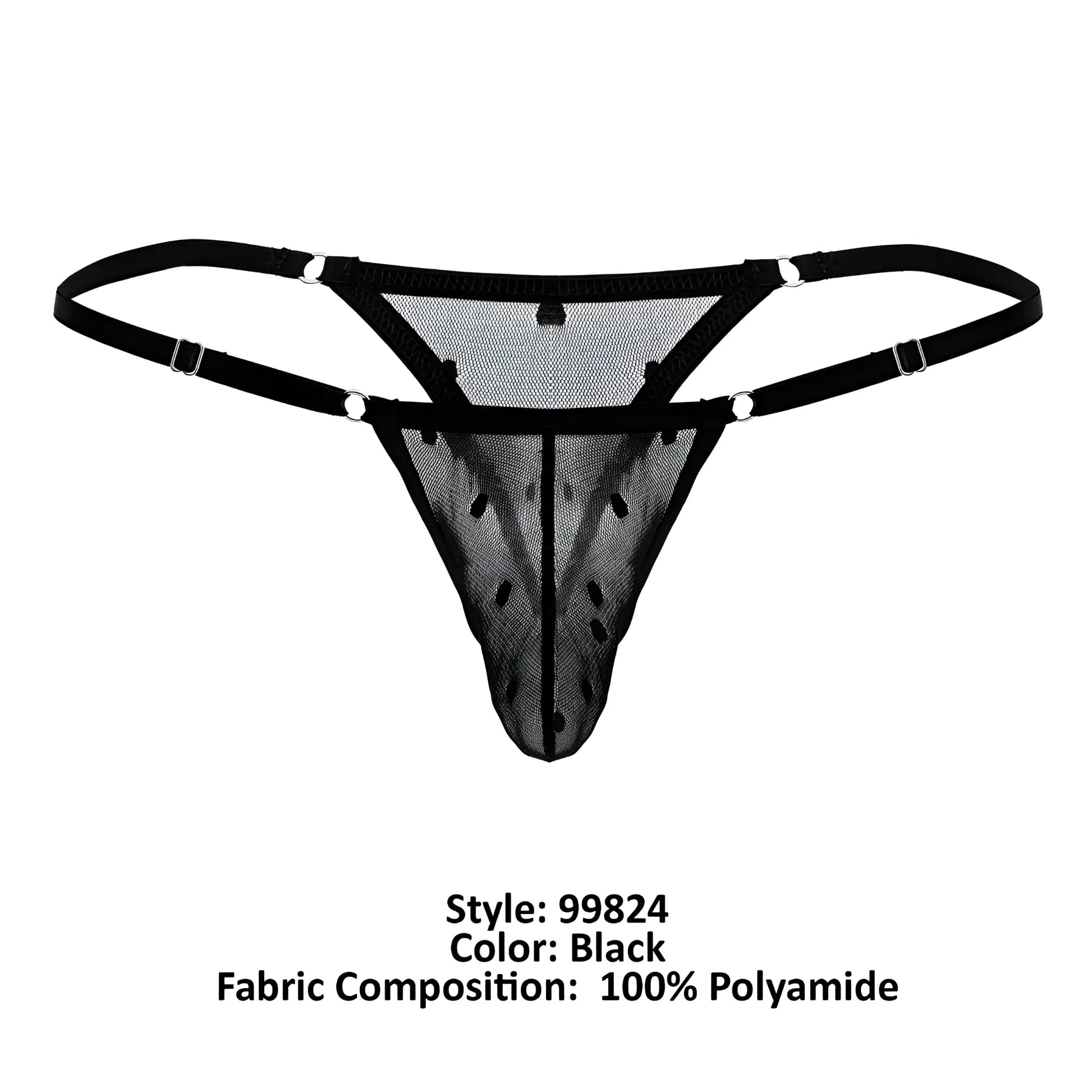 Black mesh thong candyMan 99824 with adjustable straps and silver-toned metal clasps in black color