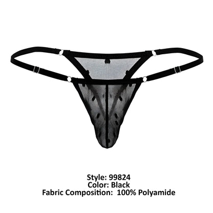 Black mesh thong candyMan 99824 with adjustable straps and silver-toned metal clasps in black color