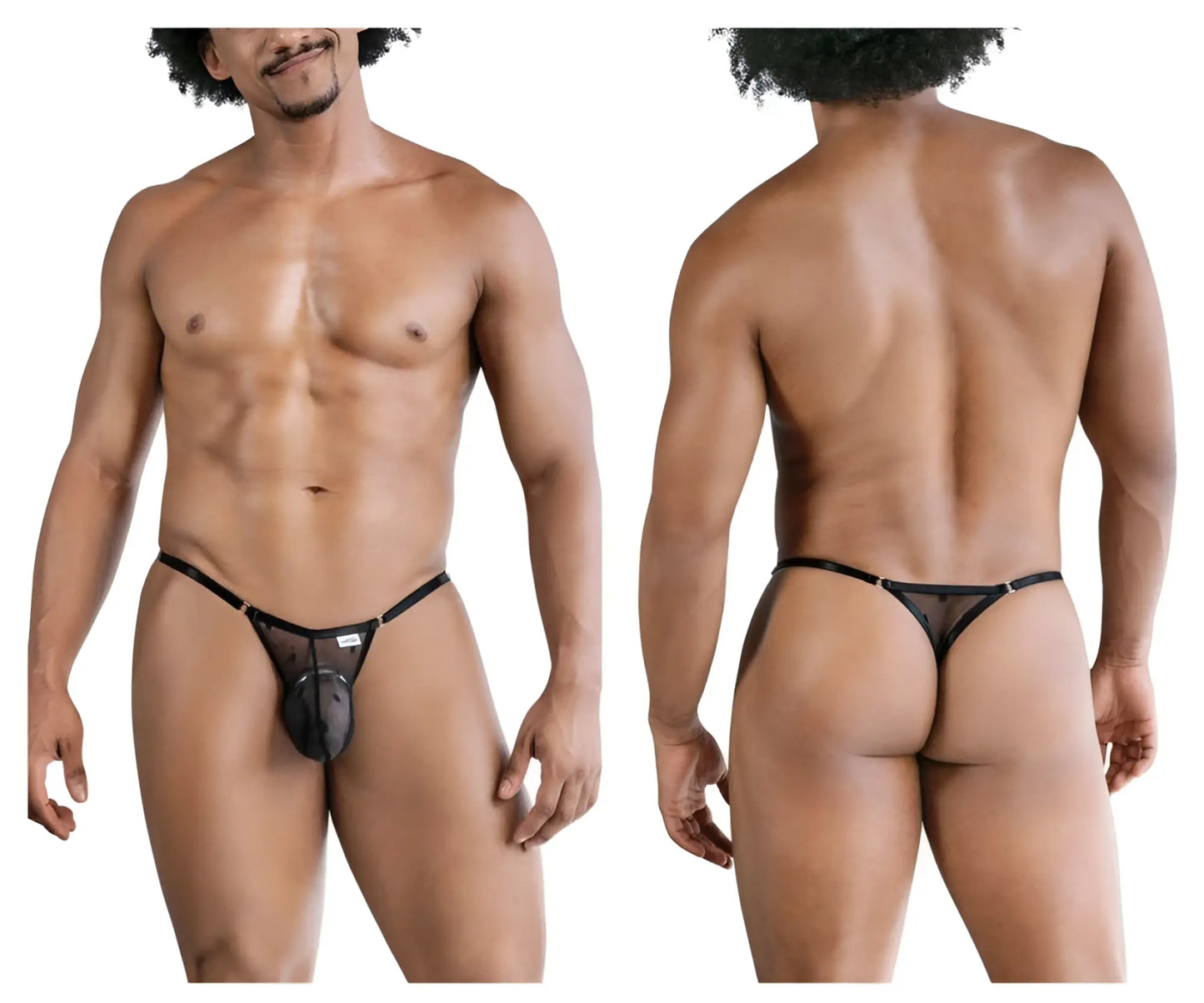 Black mesh thong with solid black pouch and adjustable straps from candyman 99824 collection